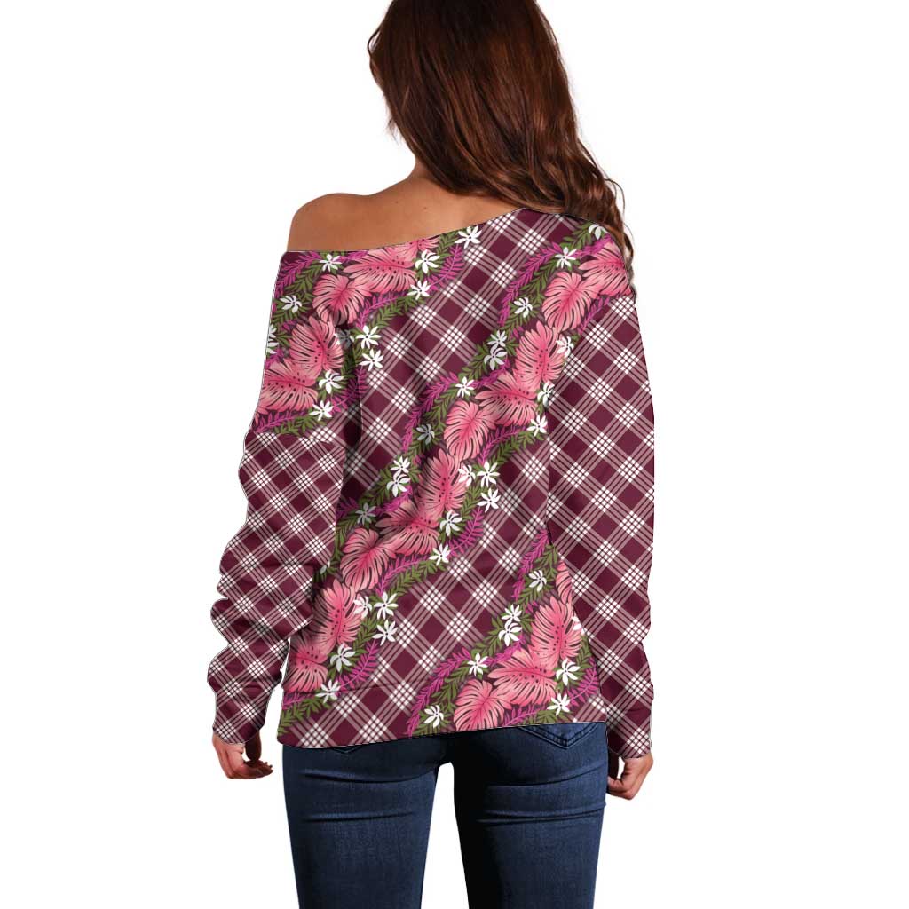 Polynesian Monstera Tiare Floral Off Shoulder Sweater Fuchsia Tropical Plaid LT01 - Polynesian Pride