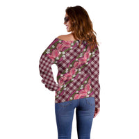 Polynesian Monstera Tiare Floral Off Shoulder Sweater Fuchsia Tropical Plaid LT01 - Polynesian Pride