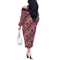 Polynesian Monstera Tiare Floral Off The Shoulder Long Sleeve Dress Fuchsia Tropical Plaid LT01 - Polynesian Pride
