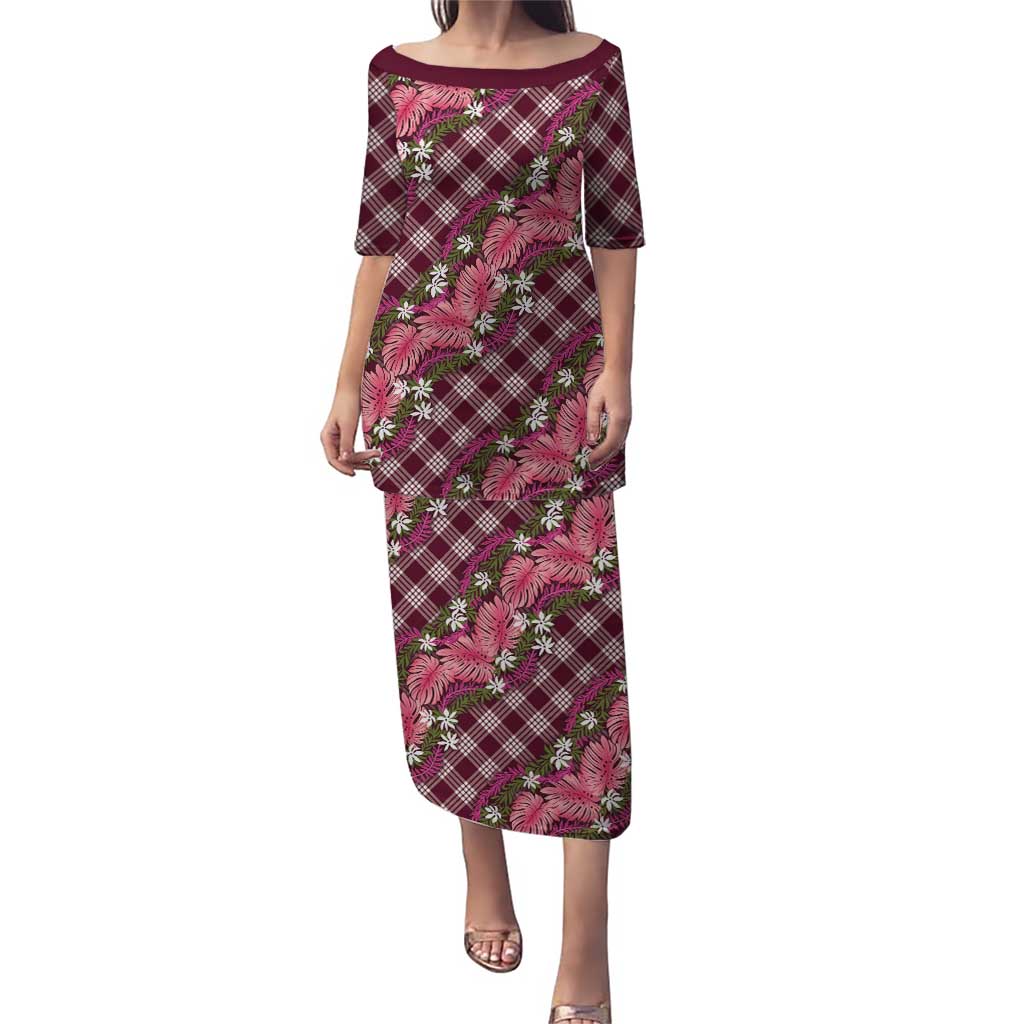 Polynesian Monstera Tiare Floral Puletasi Fuchsia Tropical Plaid - Polynesian Pride