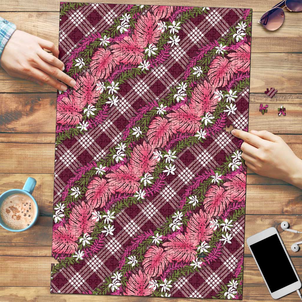 Polynesian Monstera Tiare Floral Puzzle Fuchsia Tropical Plaid - Polynesian Pride
