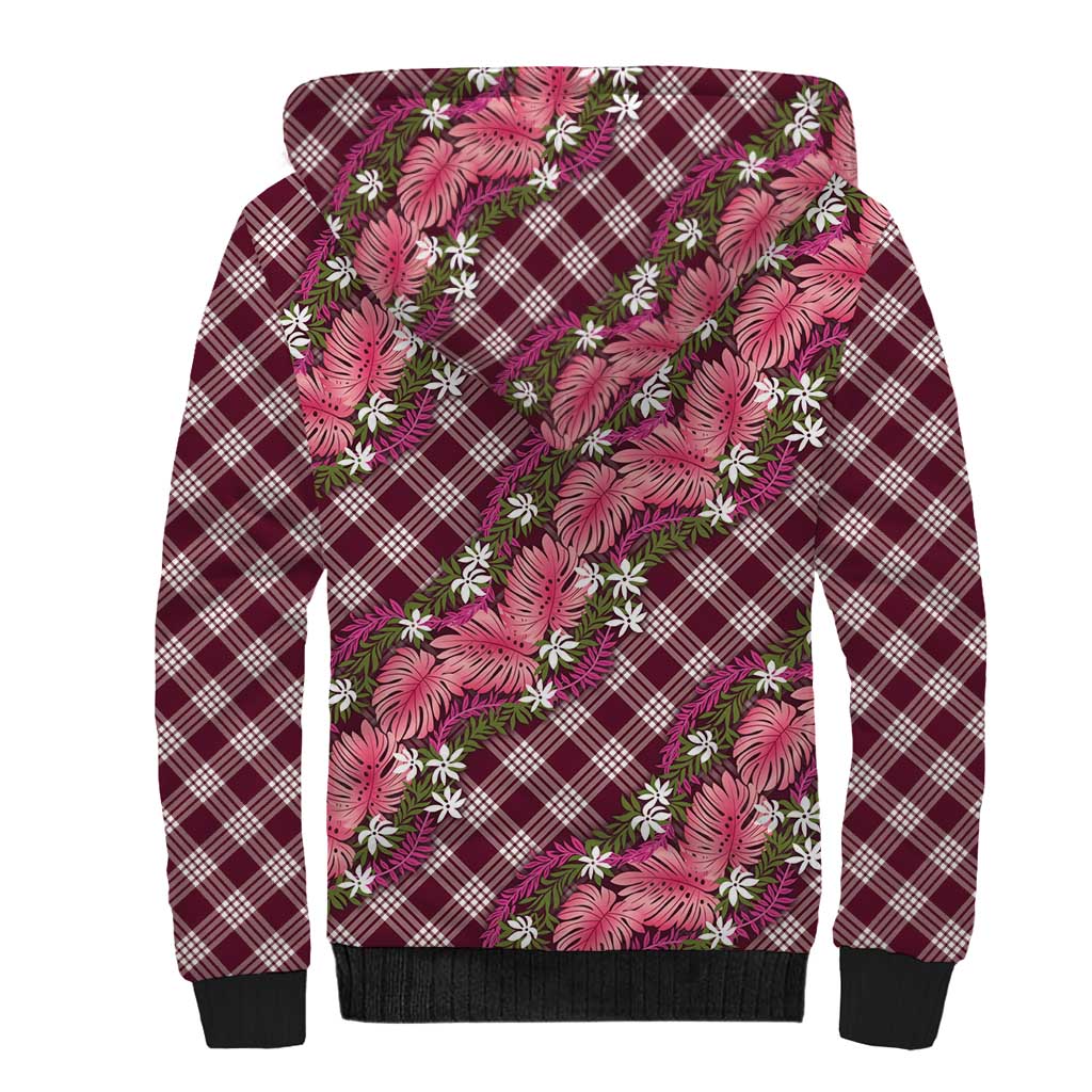 Polynesian Monstera Tiare Floral Sherpa Hoodie Fuchsia Tropical Plaid LT01 - Polynesian Pride