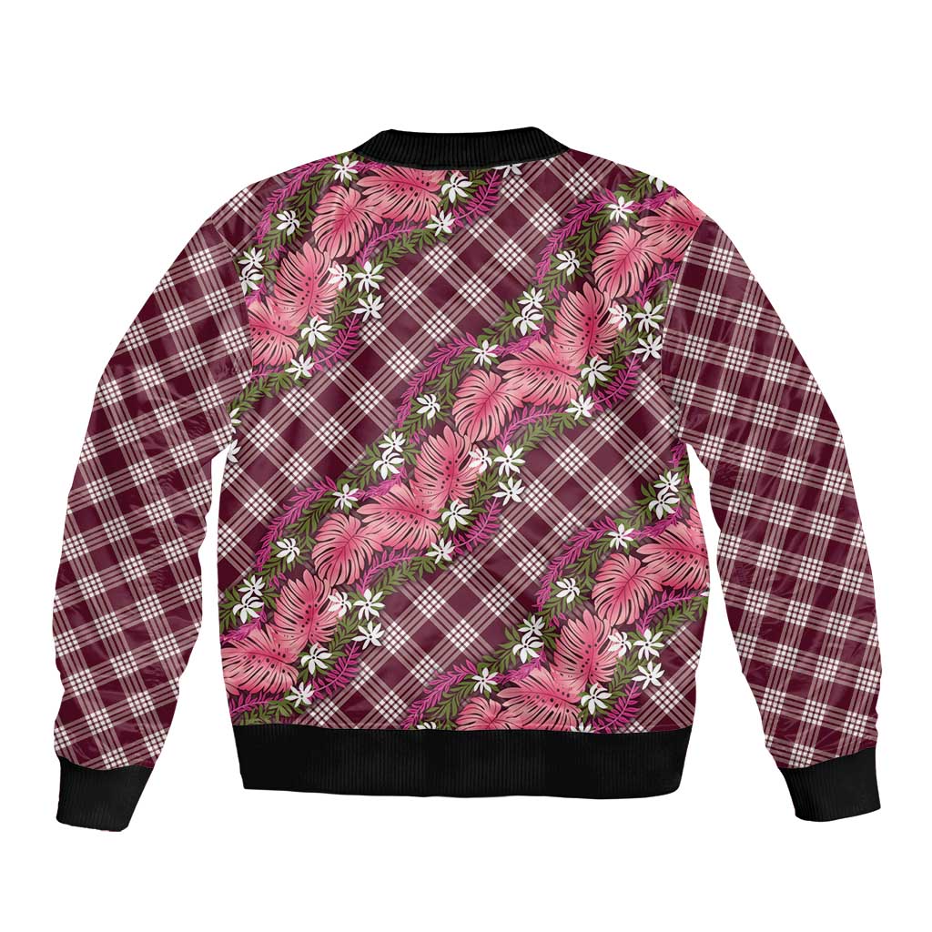 Polynesian Monstera Tiare Floral Sleeve Zip Bomber Jacket Fuchsia Tropical Plaid LT01 - Polynesian Pride