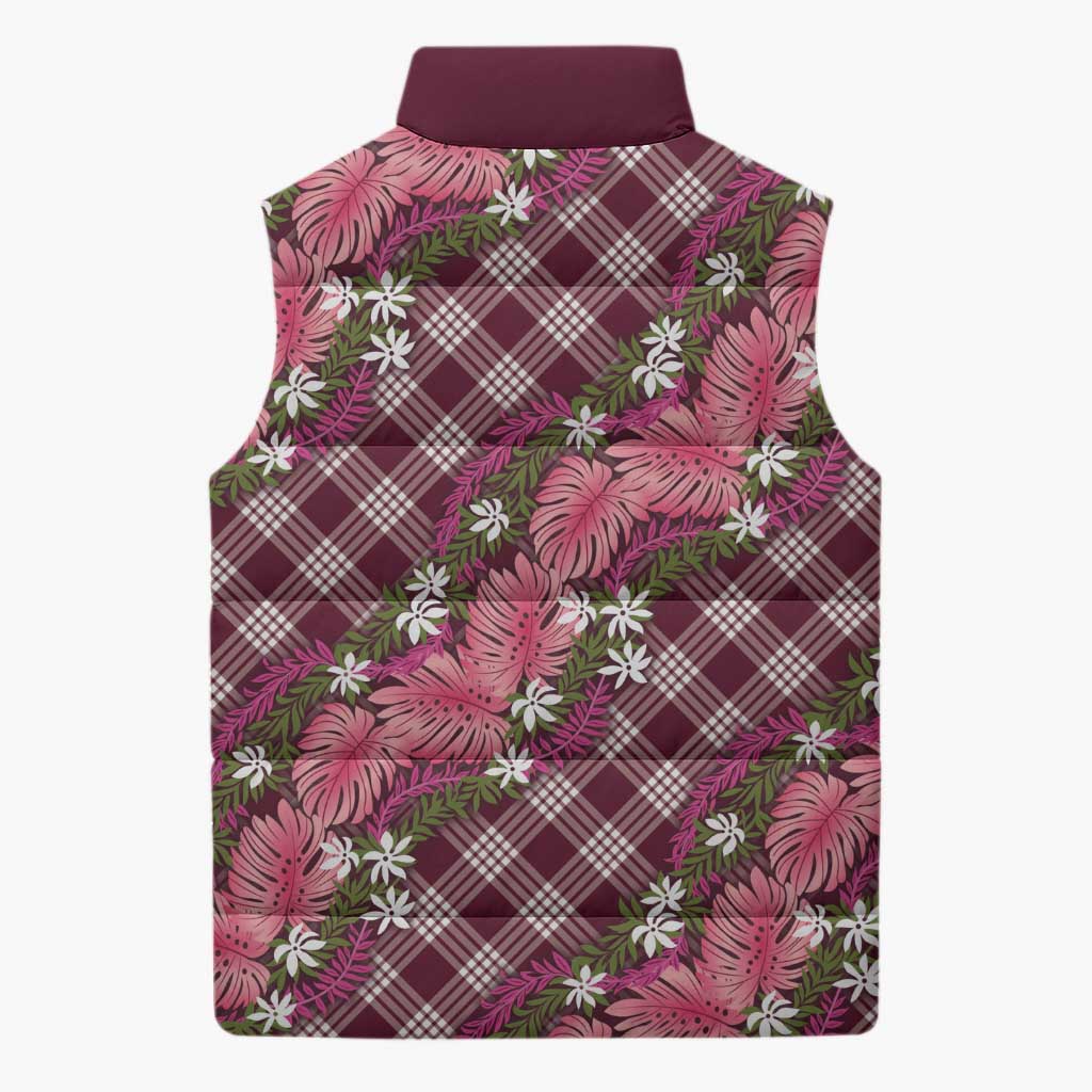 Polynesian Monstera Tiare Floral Sleeveless Puffer Jacket Fuchsia Tropical Plaid LT01 - Polynesian Pride