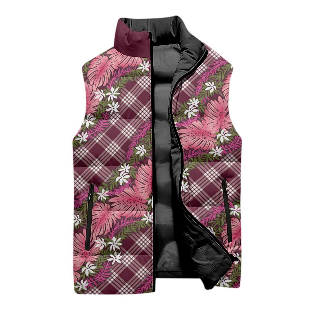 Polynesian Monstera Tiare Floral Sleeveless Puffer Jacket Fuchsia Tropical Plaid LT01 - Polynesian Pride