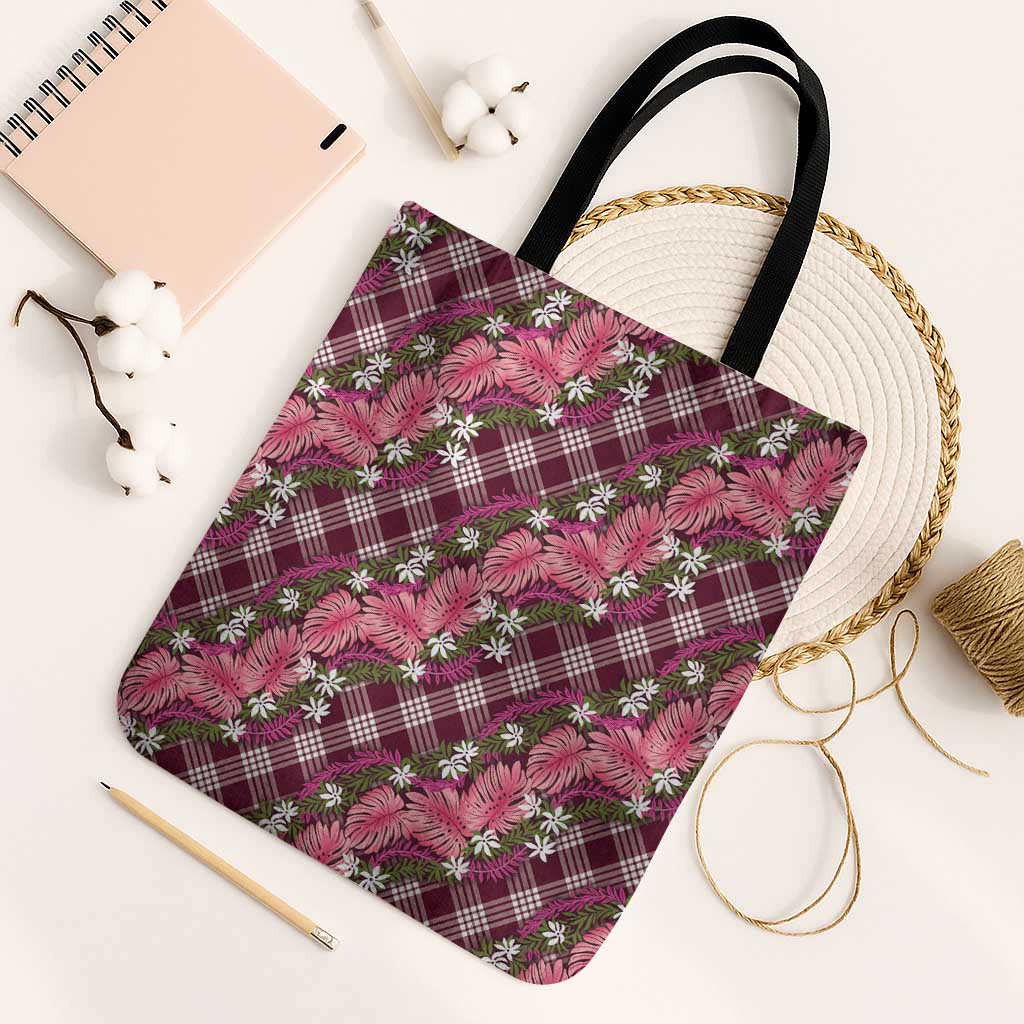 Polynesian Monstera Tiare Floral Tote Bag Fuchsia Tropical Plaid - Polynesian Pride
