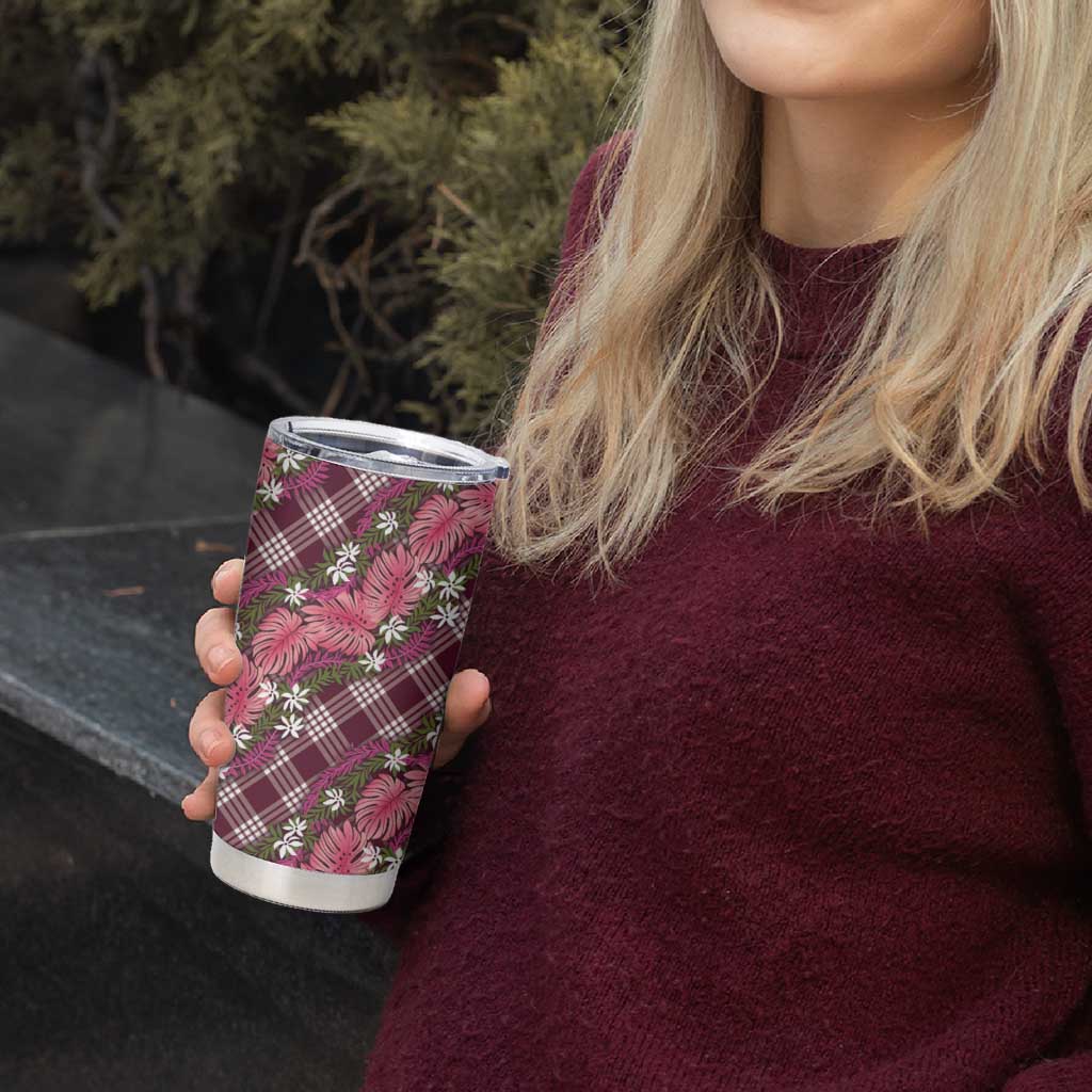 Polynesian Monstera Tiare Floral Tumbler Cup Fuchsia Tropical Plaid - Polynesian Pride