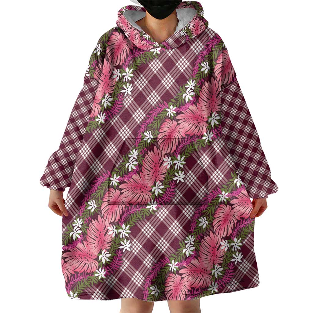Polynesian Monstera Tiare Floral Wearable Blanket Hoodie Fuchsia Tropical Plaid LT01 - Polynesian Pride