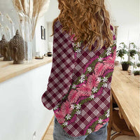 Polynesian Monstera Tiare Floral Women Casual Shirt Fuchsia Tropical Plaid - Polynesian Pride