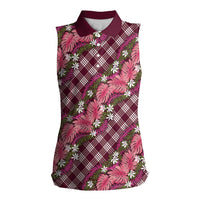 Polynesian Monstera Tiare Floral Women Sleeveless Polo Shirt Fuchsia Tropical Plaid LT01 Female Pink - Polynesian Pride