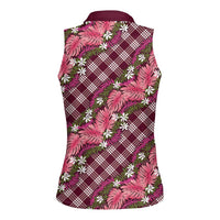 Polynesian Monstera Tiare Floral Women Sleeveless Polo Shirt Fuchsia Tropical Plaid LT01 - Polynesian Pride
