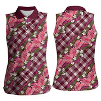 Polynesian Monstera Tiare Floral Women Sleeveless Polo Shirt Fuchsia Tropical Plaid LT01 - Polynesian Pride