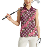 Polynesian Monstera Tiare Floral Women Sleeveless Polo Shirt Fuchsia Tropical Plaid LT01 - Polynesian Pride