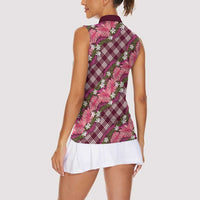 Polynesian Monstera Tiare Floral Women Sleeveless Polo Shirt Fuchsia Tropical Plaid LT01 - Polynesian Pride