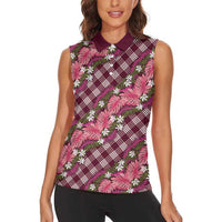 Polynesian Monstera Tiare Floral Women Sleeveless Polo Shirt Fuchsia Tropical Plaid LT01 - Polynesian Pride