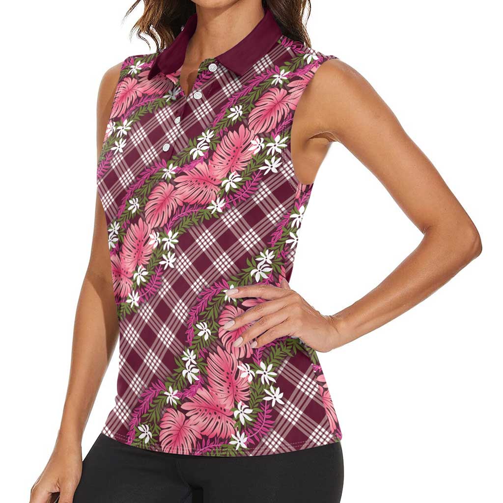 Polynesian Monstera Tiare Floral Women Sleeveless Polo Shirt Fuchsia Tropical Plaid LT01 - Polynesian Pride