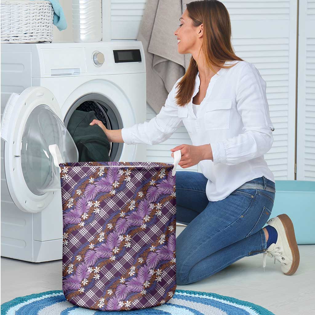 Polynesian Monstera Tiare Floral Laundry Basket Lavender Tropical Plaid - Polynesian Pride