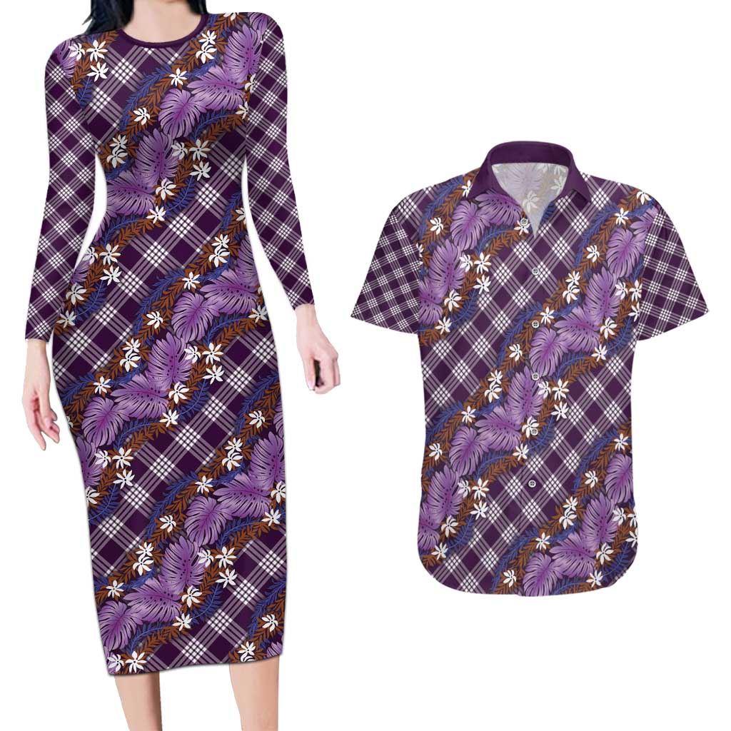 Polynesian Monstera Tiare Floral Couples Matching Long Sleeve Bodycon Dress and Hawaiian Shirt Lavender Tropical Plaid - Polynesian Pride