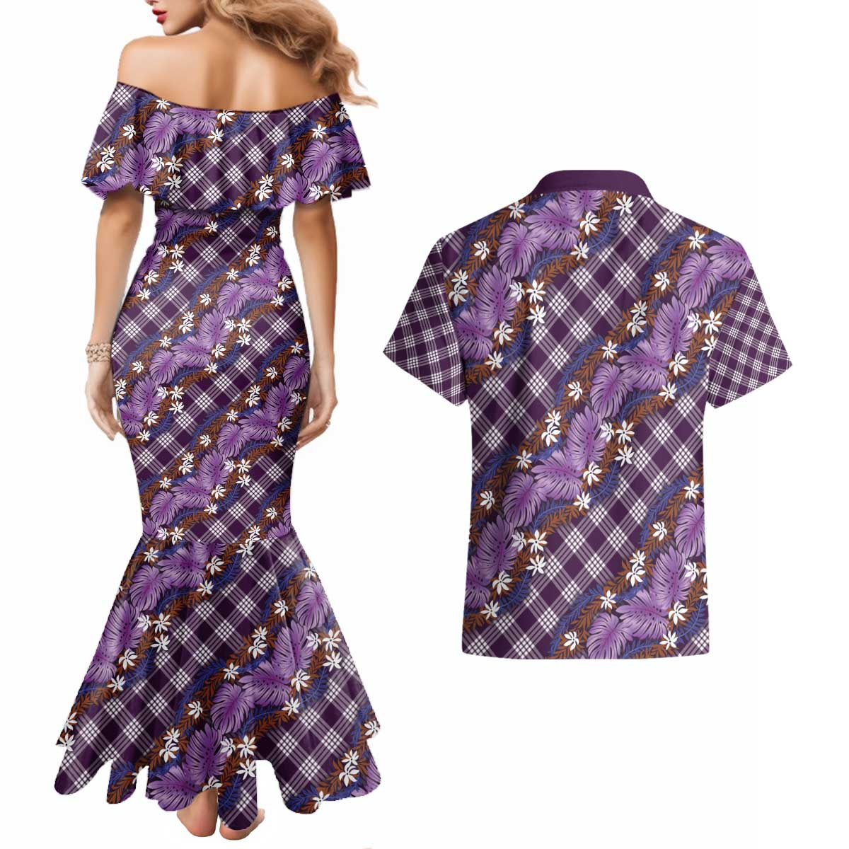 Polynesian Monstera Tiare Floral Couples Matching Mermaid Dress and Hawaiian Shirt Lavender Tropical Plaid LT01 - Polynesian Pride