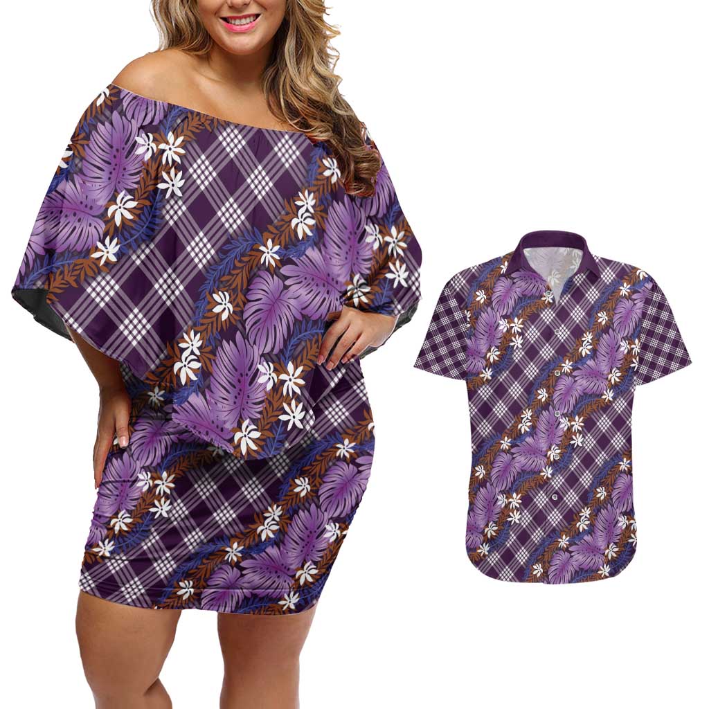 Polynesian Monstera Tiare Floral Couples Matching Off Shoulder Short Dress and Hawaiian Shirt Lavender Tropical Plaid LT01 Purple - Polynesian Pride