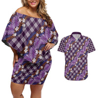 Polynesian Monstera Tiare Floral Couples Matching Off Shoulder Short Dress and Hawaiian Shirt Lavender Tropical Plaid LT01 Purple - Polynesian Pride