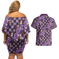 Polynesian Monstera Tiare Floral Couples Matching Off Shoulder Short Dress and Hawaiian Shirt Lavender Tropical Plaid LT01 - Polynesian Pride