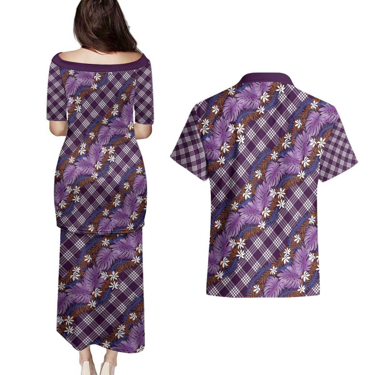 Polynesian Monstera Tiare Floral Couples Matching Puletasi and Hawaiian Shirt Lavender Tropical Plaid - Polynesian Pride