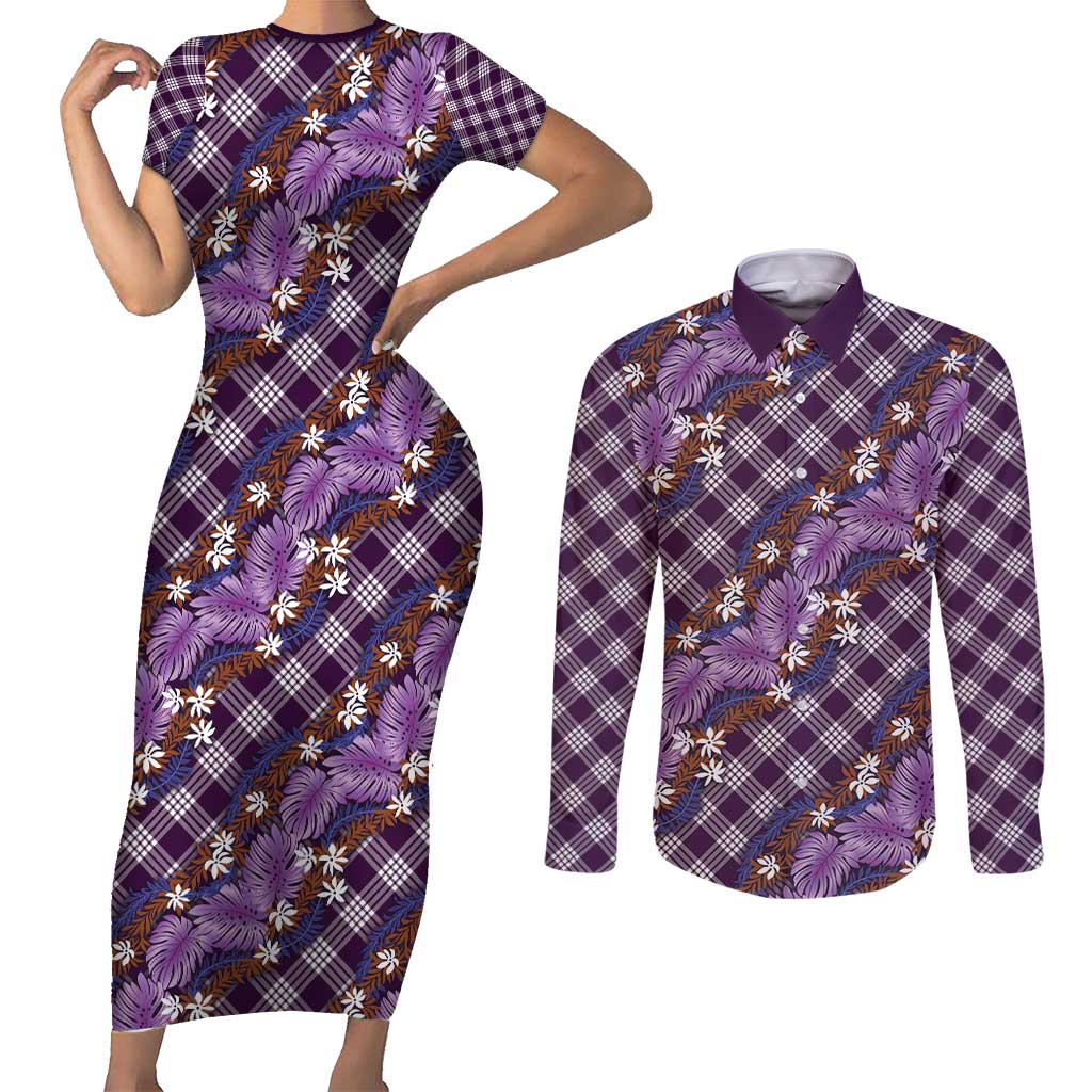 Polynesian Monstera Tiare Floral Couples Matching Short Sleeve Bodycon Dress and Long Sleeve Button Shirt Lavender Tropical Plaid LT01 Purple - Polynesian Pride