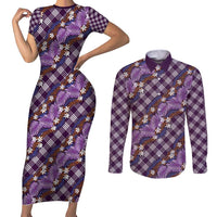 Polynesian Monstera Tiare Floral Couples Matching Short Sleeve Bodycon Dress and Long Sleeve Button Shirt Lavender Tropical Plaid LT01 Purple - Polynesian Pride