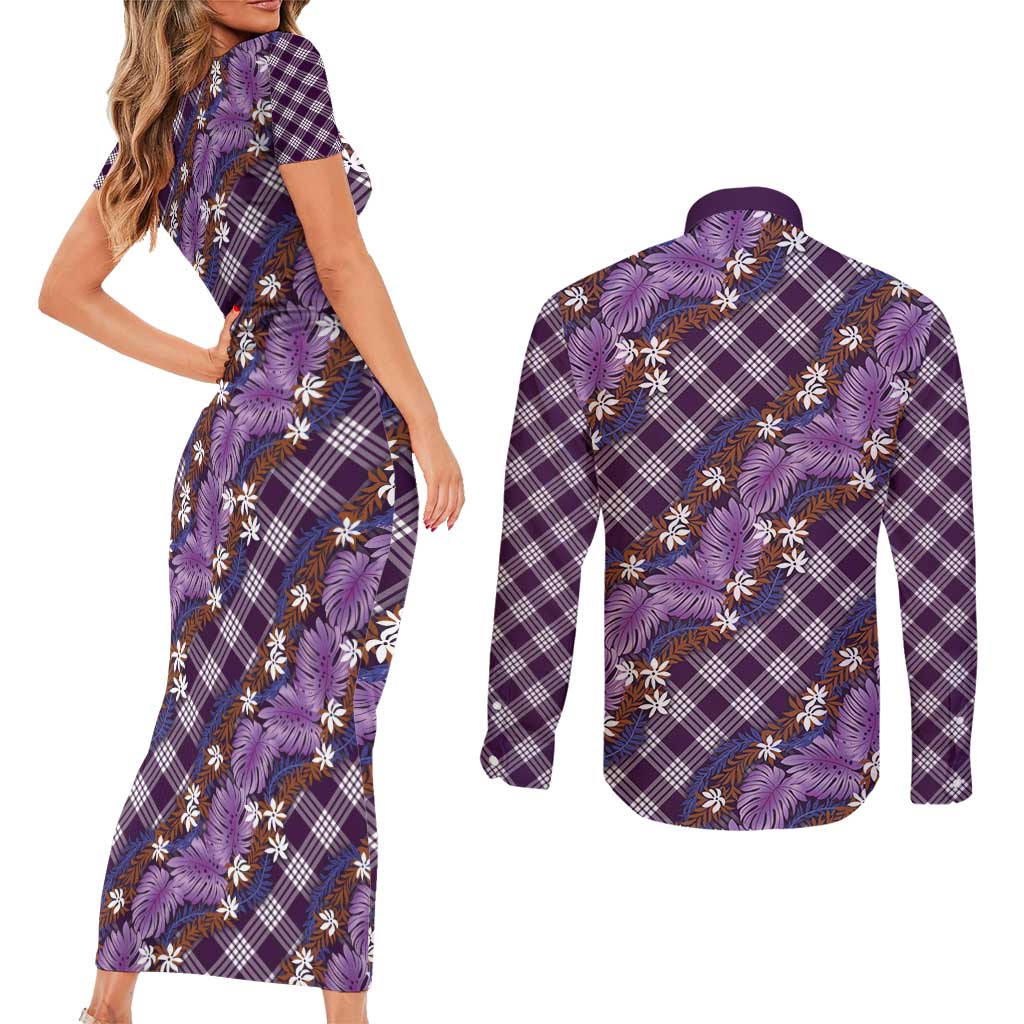 Polynesian Monstera Tiare Floral Couples Matching Short Sleeve Bodycon Dress and Long Sleeve Button Shirt Lavender Tropical Plaid LT01 - Polynesian Pride