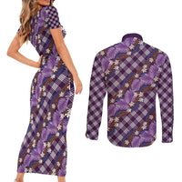 Polynesian Monstera Tiare Floral Couples Matching Short Sleeve Bodycon Dress and Long Sleeve Button Shirt Lavender Tropical Plaid LT01 - Polynesian Pride