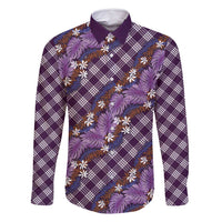 Polynesian Monstera Tiare Floral Family Matching Off Shoulder Short Dress and Hawaiian Shirt Lavender Tropical Plaid - Polynesian Pride