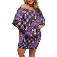 Polynesian Monstera Tiare Floral Family Matching Off Shoulder Short Dress and Hawaiian Shirt Lavender Tropical Plaid - Polynesian Pride