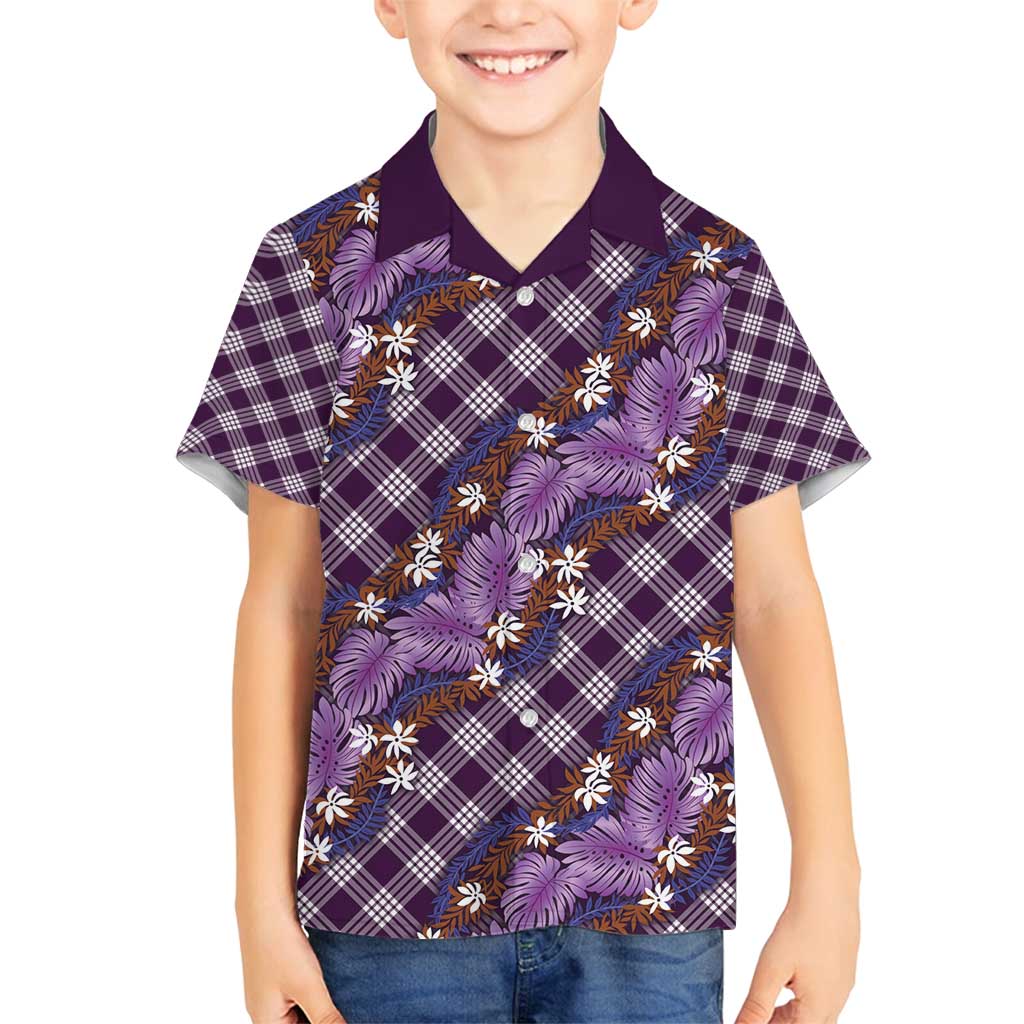 Polynesian Monstera Tiare Floral Family Matching Off Shoulder Short Dress and Hawaiian Shirt Lavender Tropical Plaid - Polynesian Pride