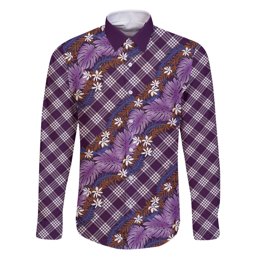 Polynesian Monstera Tiare Floral Family Matching Short Sleeve Bodycon Dress and Hawaiian Shirt Lavender Tropical Plaid - Polynesian Pride