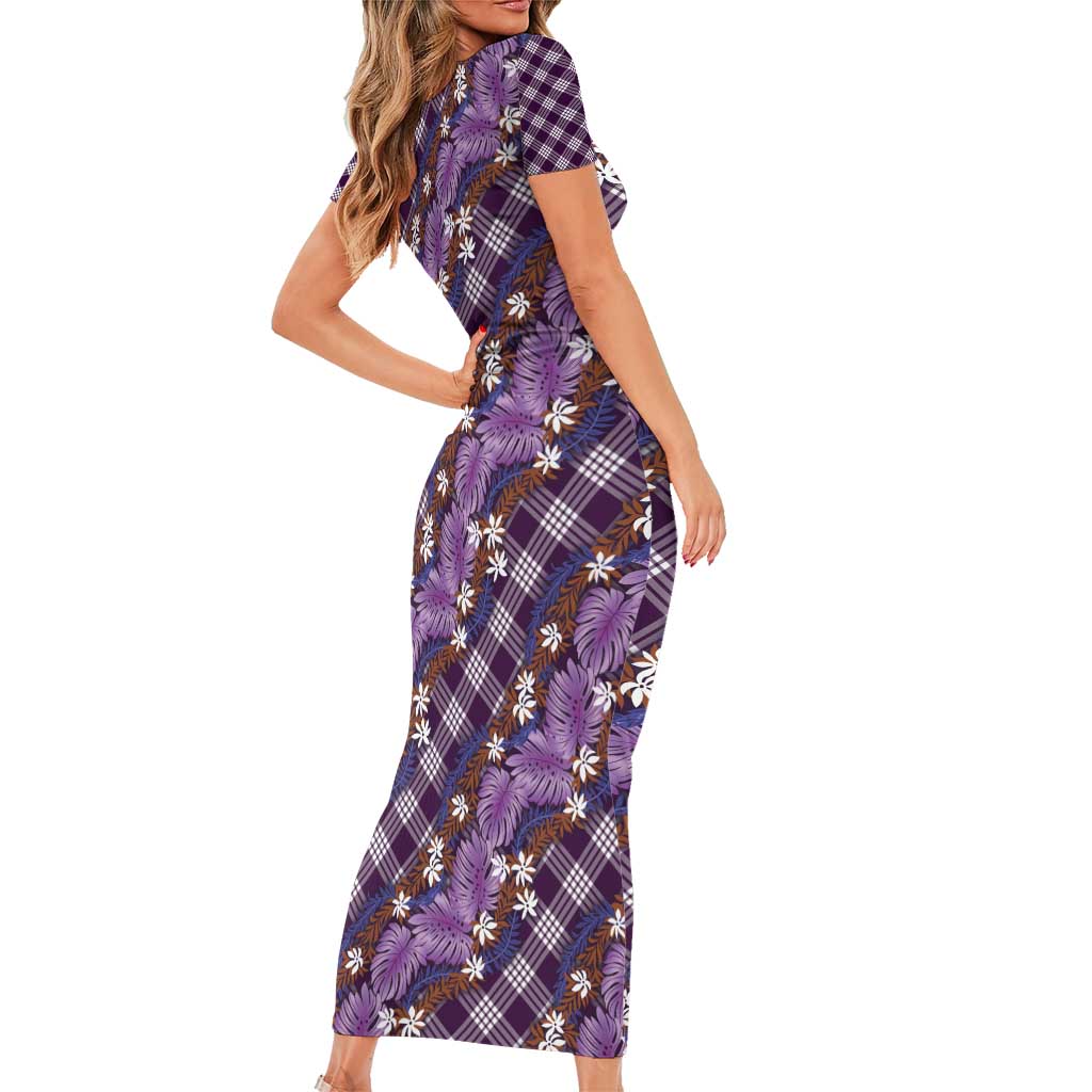 Polynesian Monstera Tiare Floral Family Matching Short Sleeve Bodycon Dress and Hawaiian Shirt Lavender Tropical Plaid - Polynesian Pride