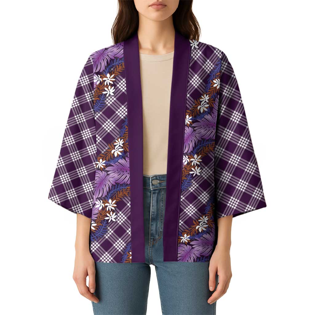 Polynesian Monstera Tiare Floral Kimono Lavender Tropical Plaid - Polynesian Pride