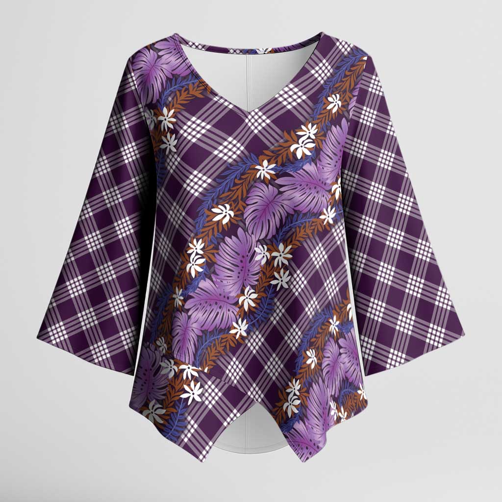 Polynesian Monstera Tiare Floral Kimono Sleeve Blouse Lavender Tropical Plaid - Polynesian Pride