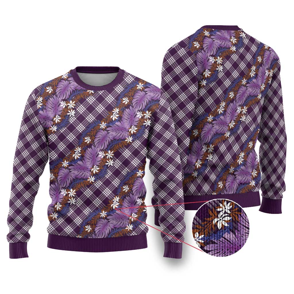 Polynesian Monstera Tiare Floral Ugly Christmas Sweater Lavender Tropical Plaid LT01 Purple - Polynesian Pride