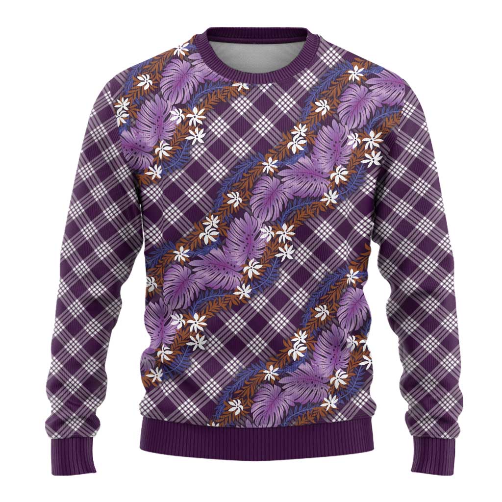 Polynesian Monstera Tiare Floral Ugly Christmas Sweater Lavender Tropical Plaid LT01 - Polynesian Pride