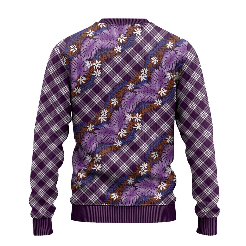 Polynesian Monstera Tiare Floral Ugly Christmas Sweater Lavender Tropical Plaid LT01 - Polynesian Pride