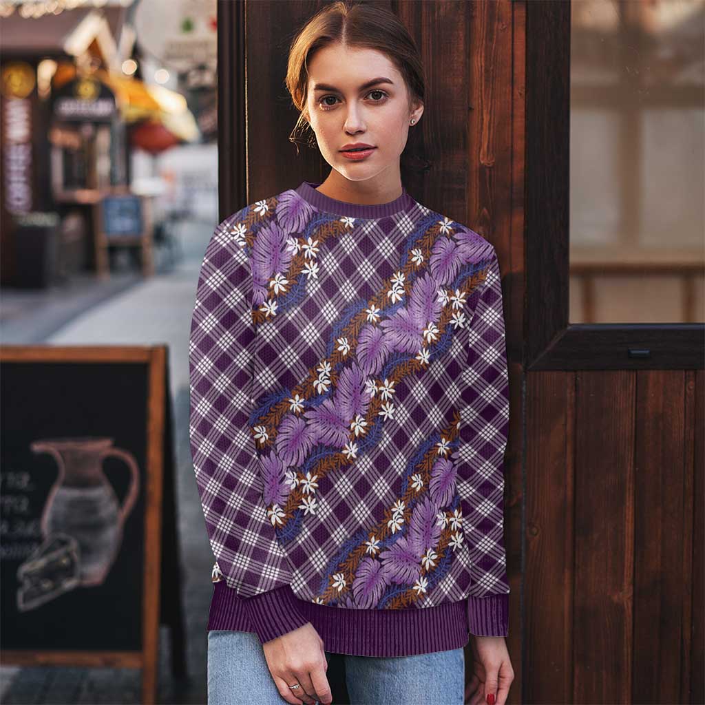 Polynesian Monstera Tiare Floral Ugly Christmas Sweater Lavender Tropical Plaid LT01 - Polynesian Pride