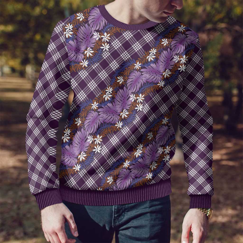 Polynesian Monstera Tiare Floral Ugly Christmas Sweater Lavender Tropical Plaid LT01 - Polynesian Pride