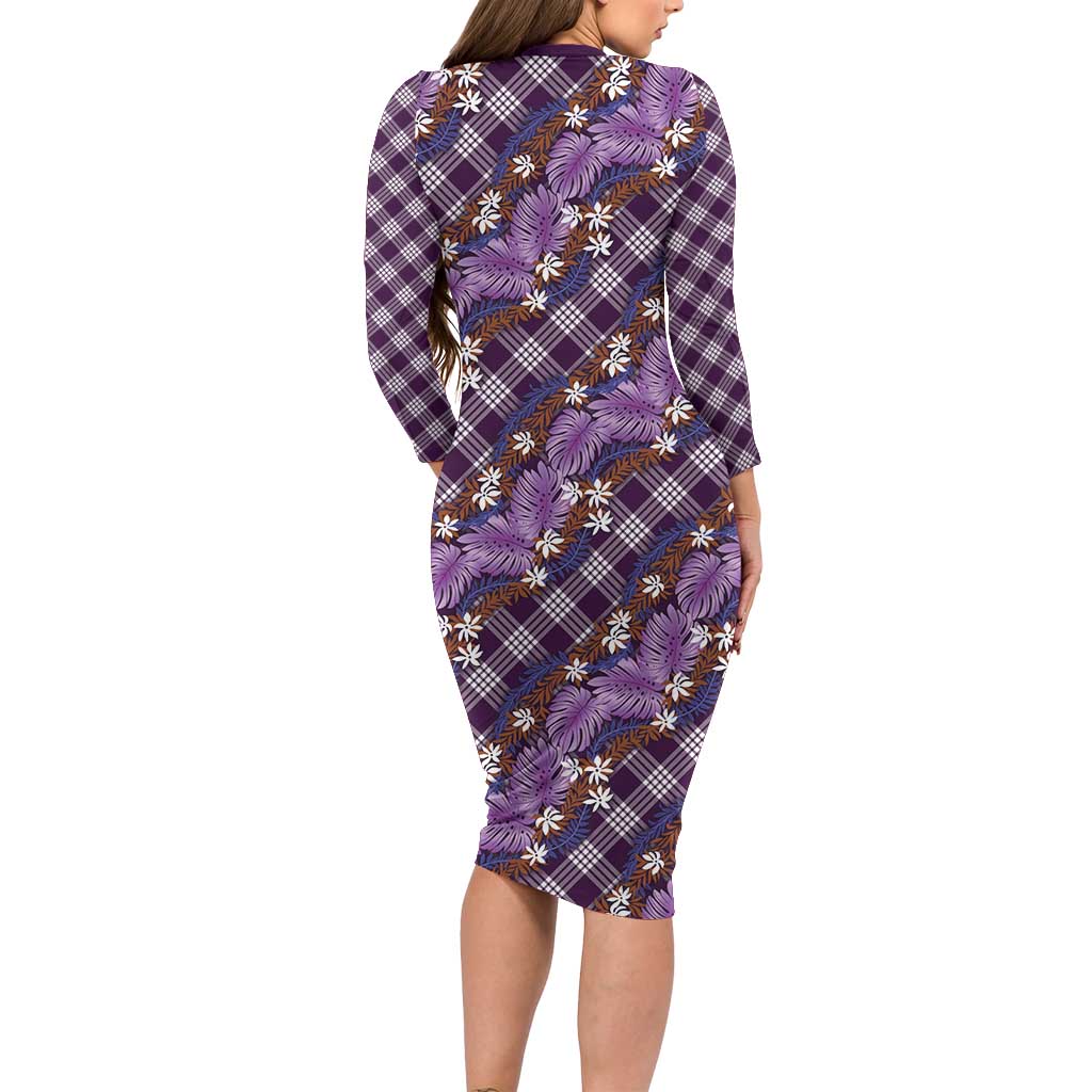 Polynesian Monstera Tiare Floral Long Sleeve Bodycon Dress Lavender Tropical Plaid - Polynesian Pride