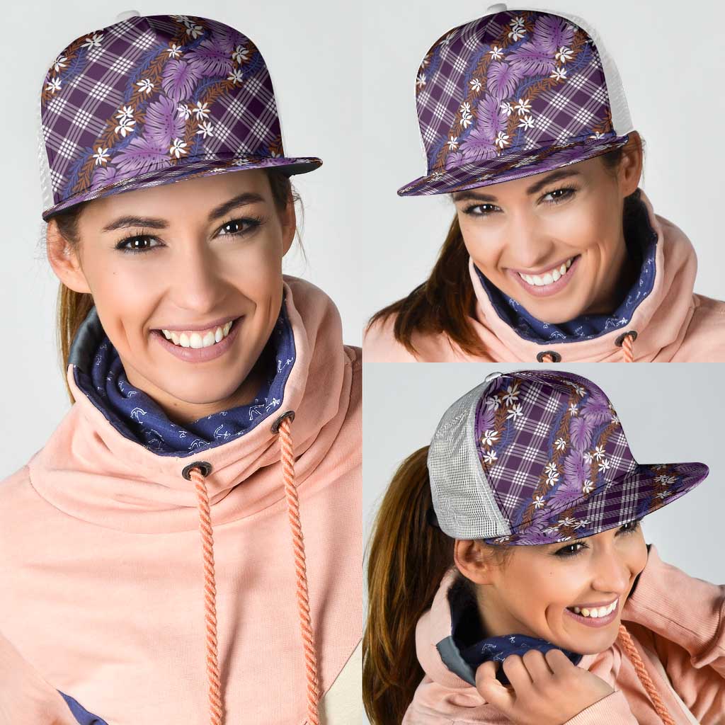 Polynesian Monstera Tiare Floral Mesh Trucker Cap Lavender Tropical Plaid - Polynesian Pride