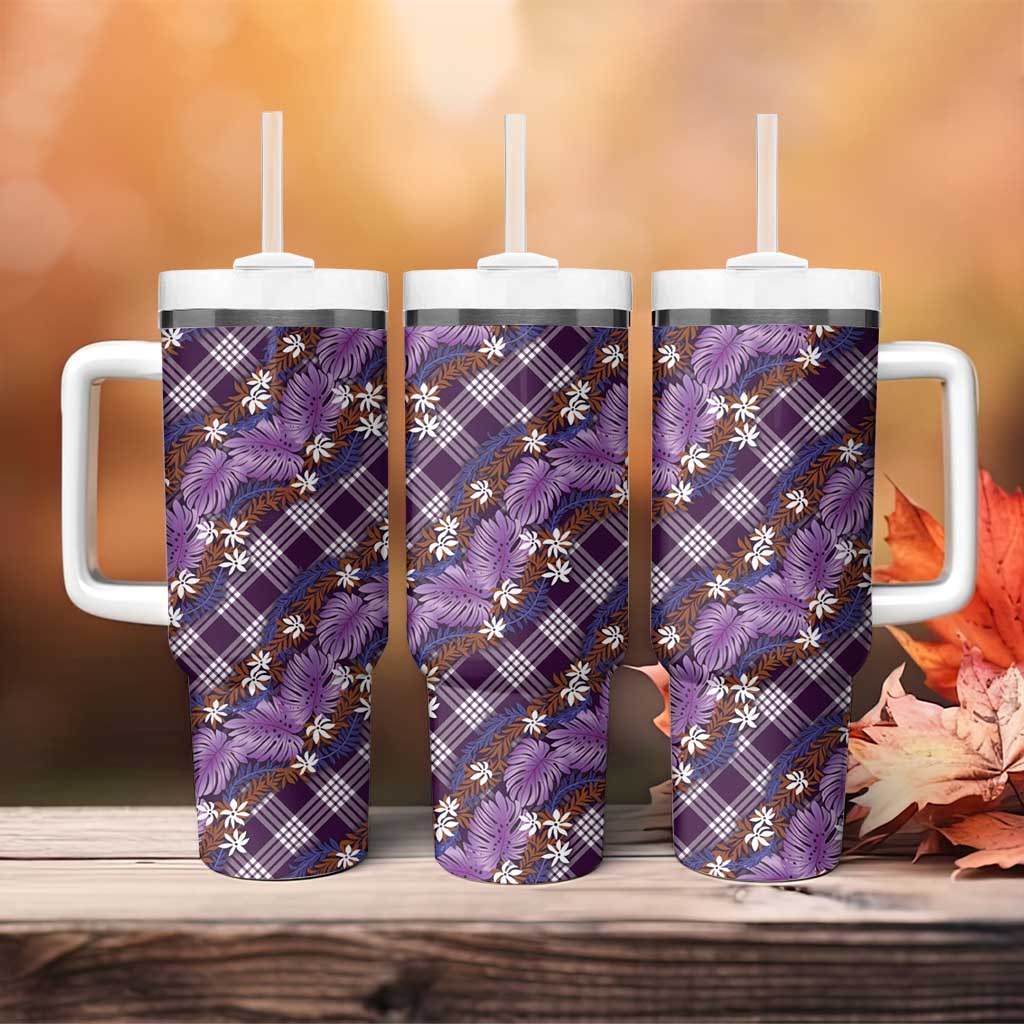 Polynesian Monstera Tiare Floral Tumbler With Handle Lavender Tropical Plaid LT01 - Polynesian Pride