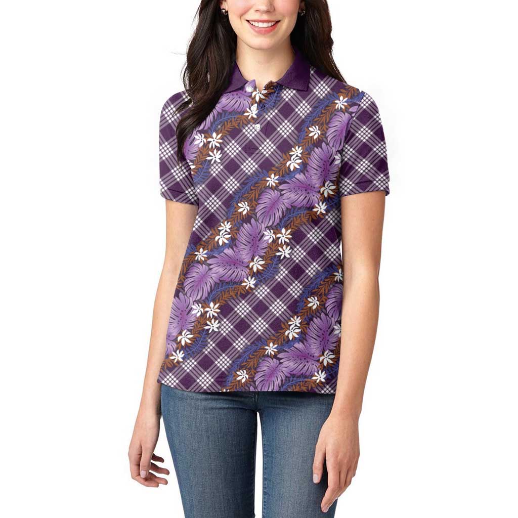 Polynesian Monstera Tiare Floral Women Polo Shirt Lavender Tropical Plaid LT01 - Polynesian Pride
