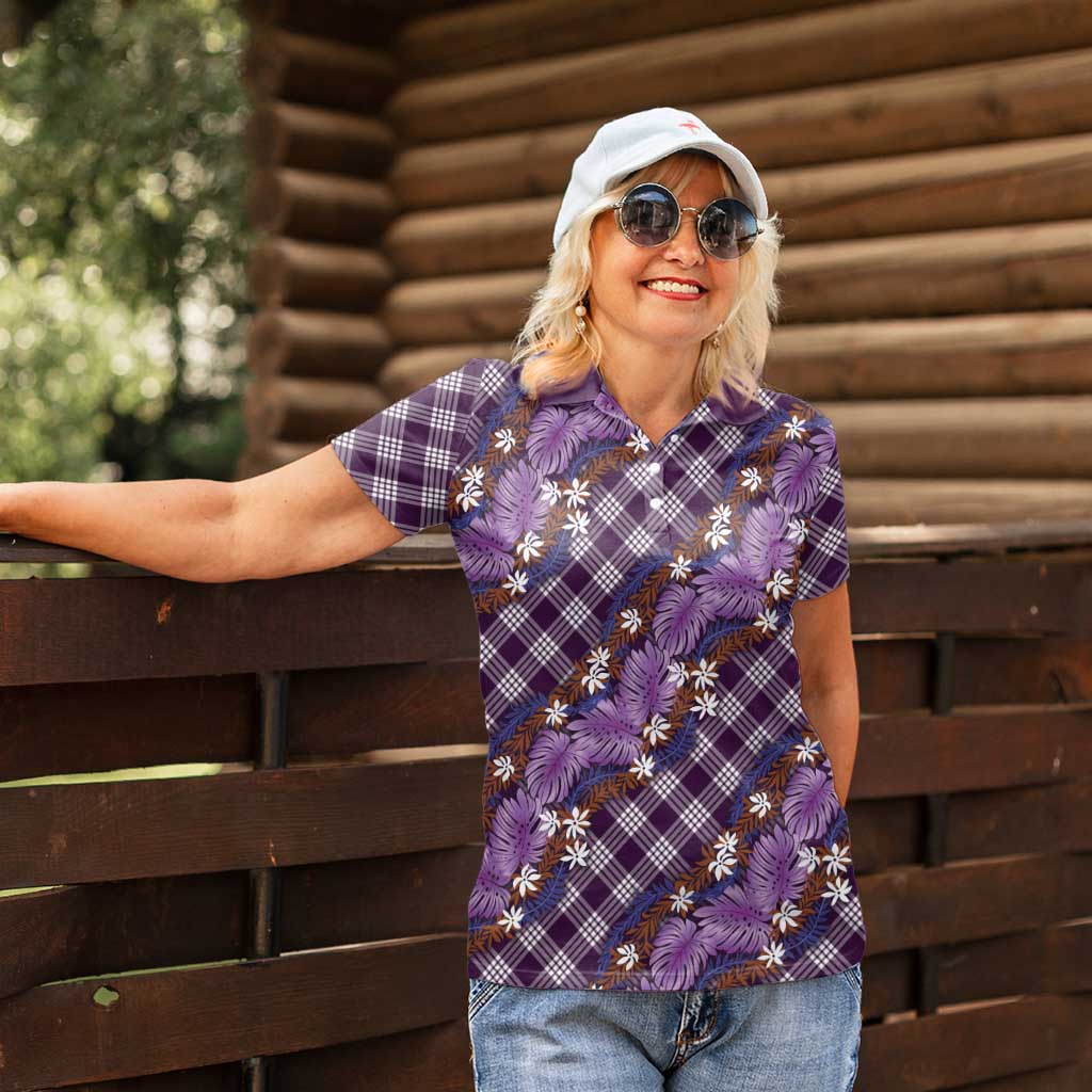 Polynesian Monstera Tiare Floral Women Polo Shirt Lavender Tropical Plaid LT01 - Polynesian Pride