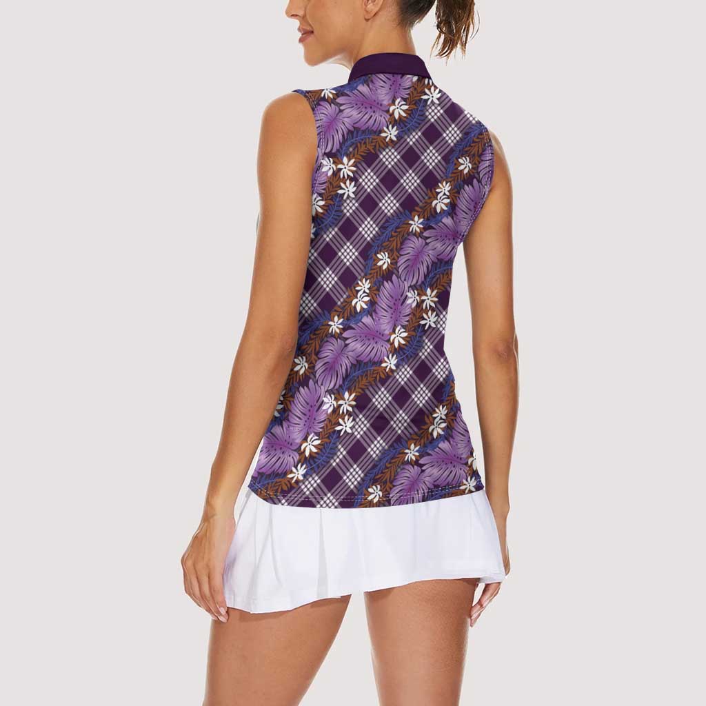 Polynesian Monstera Tiare Floral Women Sleeveless Polo Shirt Lavender Tropical Plaid LT01 - Polynesian Pride