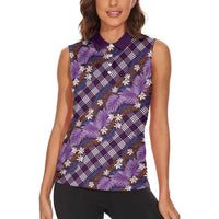 Polynesian Monstera Tiare Floral Women Sleeveless Polo Shirt Lavender Tropical Plaid LT01 - Polynesian Pride